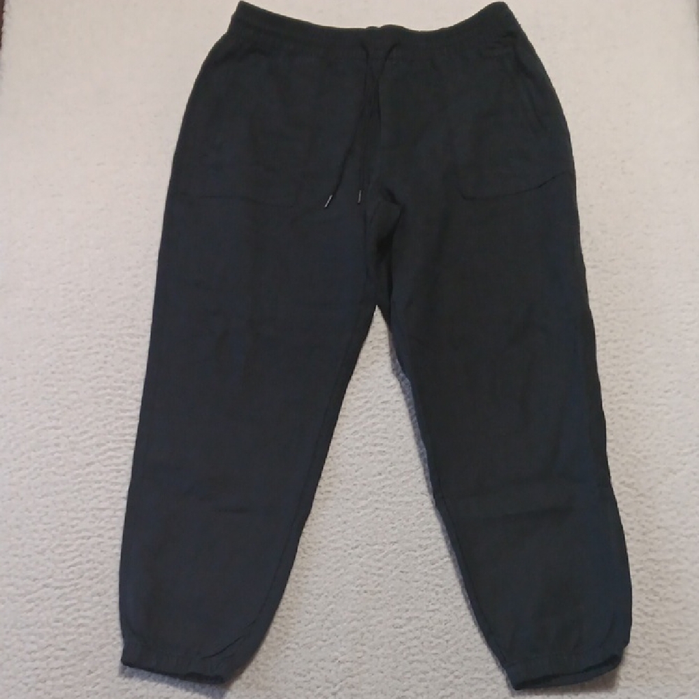 Athleta RETREAT Black Linen Jogger Size LARGE High Rise Elastic Leg Cuffs